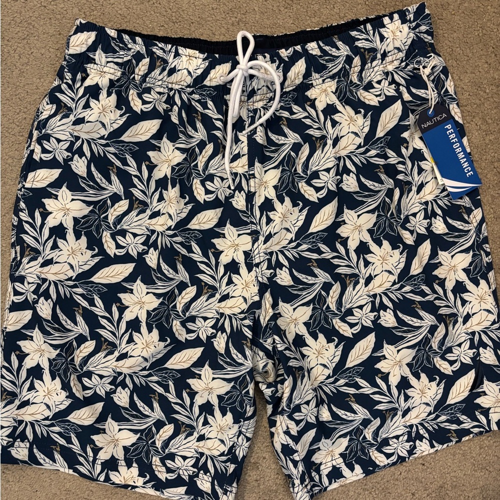 Nautica Men's Blue and White Floral Swim Trunks NEW WITH TAGS